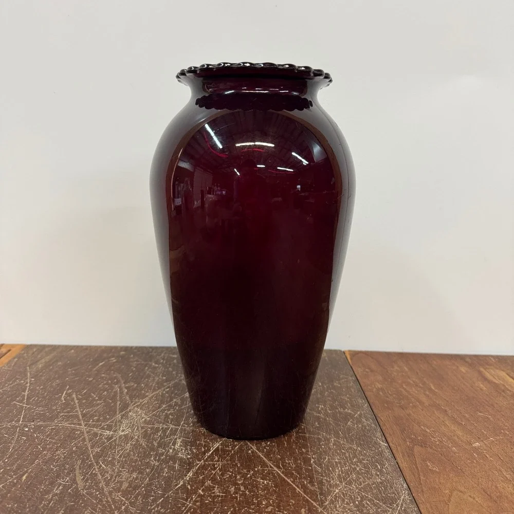 Ruby Red MCM Glass Vase with‎ Ruffled Rim Home Decor Flower Vase